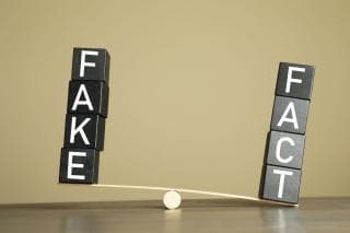 A seesaw with 'fact' and 'fake' balancing at either end