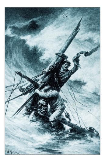 Illustration of two people holding on to a ship's broken mast