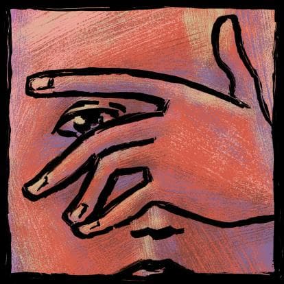 Illustration of person peeping from between fingers placed over eye